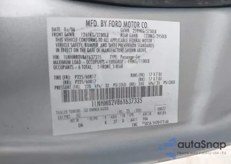 2006 Lincoln Town Car Signature Limited z USA, uszkodzony, nr VIN 1LNHM82V86Y637335